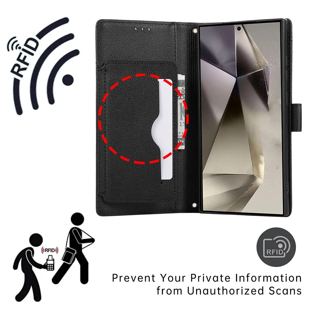 For Samsung Galaxy S24 Ultra Leather Phone Case with Card Holder, Wallet, Straps Protective Flip Cover - Black - 5