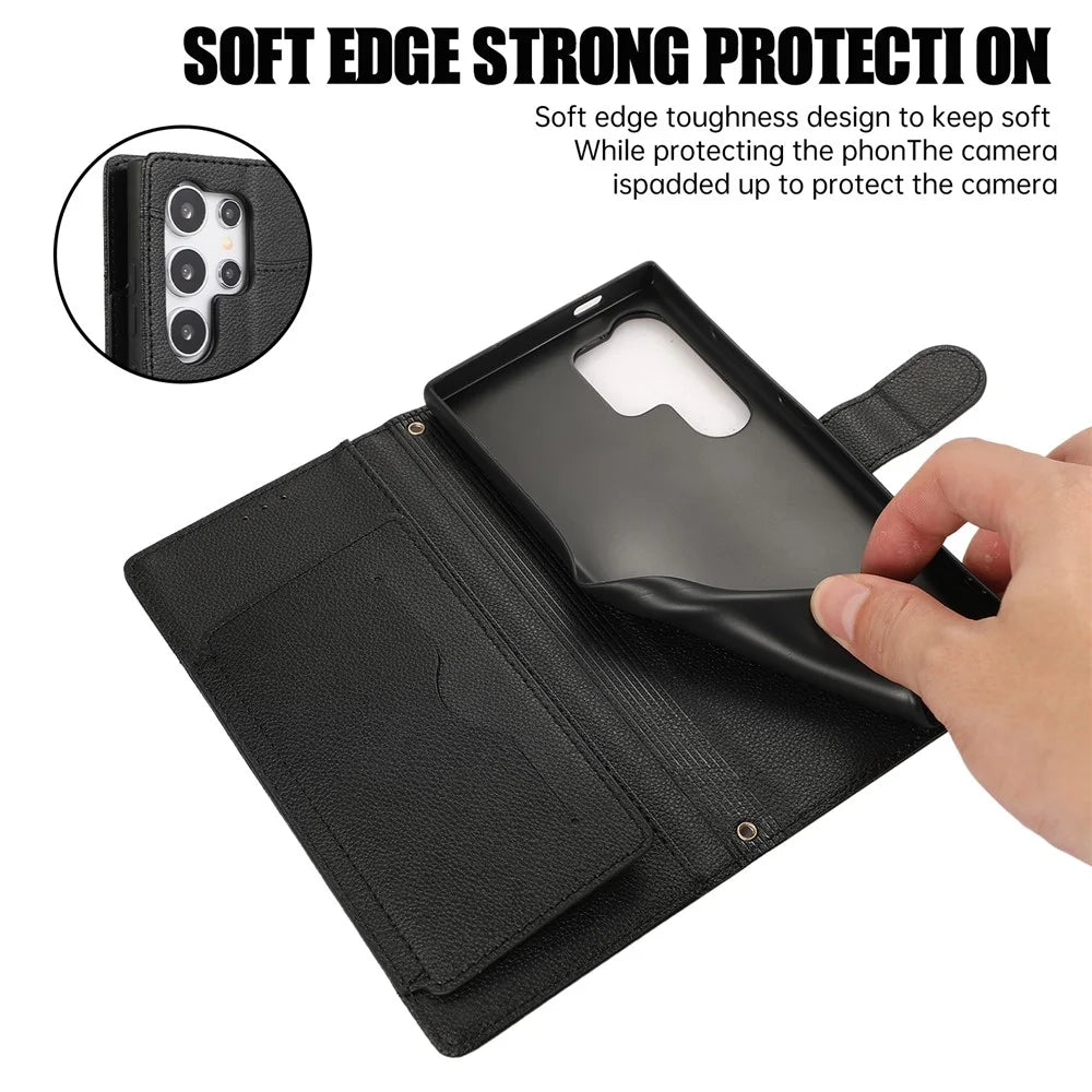 For Samsung Galaxy S24 Ultra Leather Phone Case with Card Holder, Wallet, Straps Protective Flip Cover - Black - 7