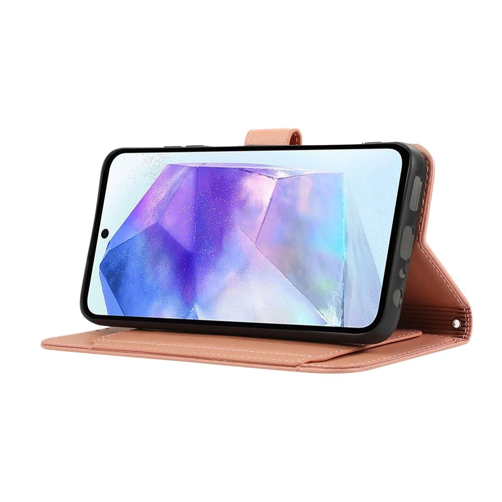 For Samsung Galaxy A55 5G Leather Phone Case with Card Holder, Wallet, Straps Protective Flip Cover - Pink - 3