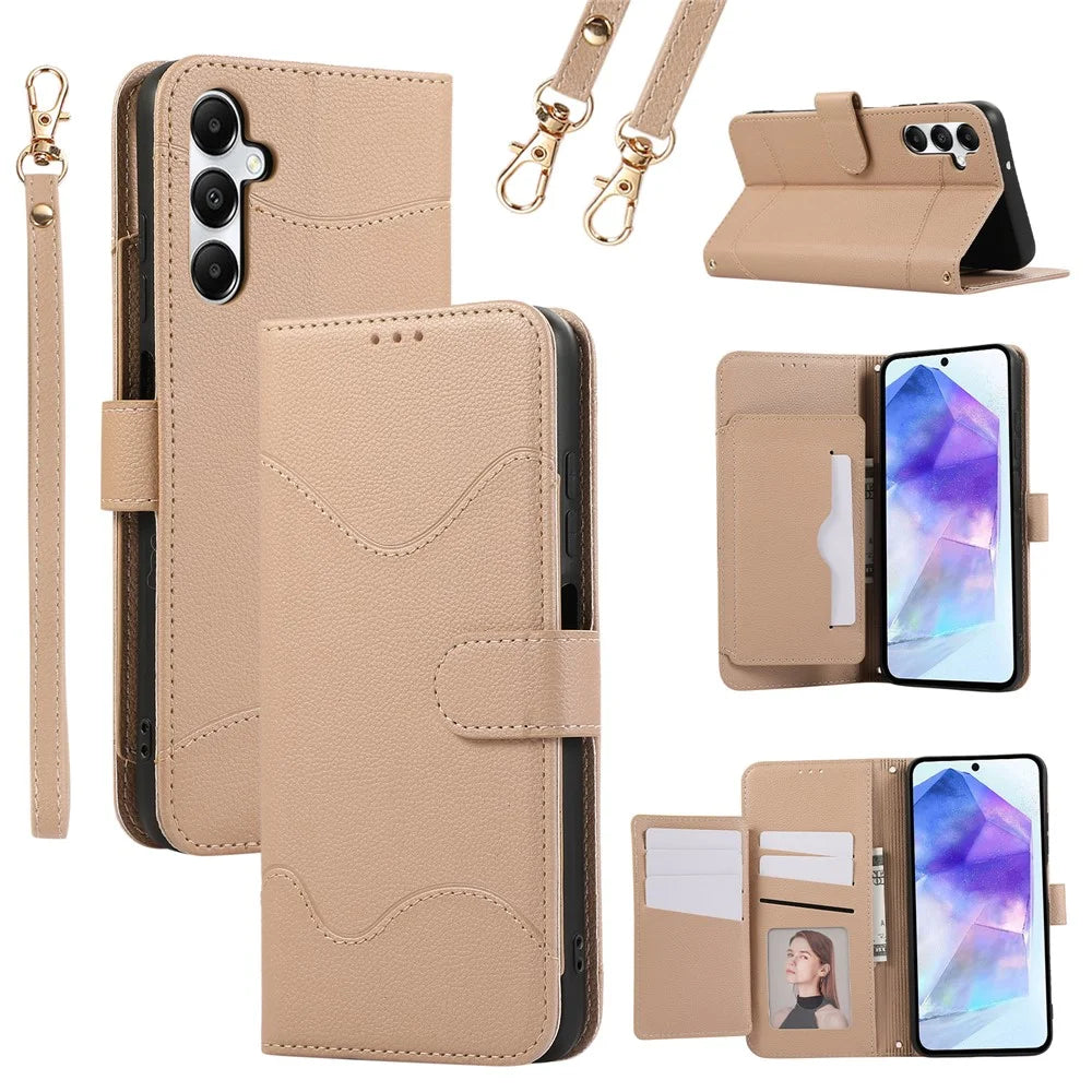 For Samsung Galaxy A15 5G / 4G Leather Phone Case with Card Holder, Wallet, Straps Protective Flip Cover - Khaki - 1