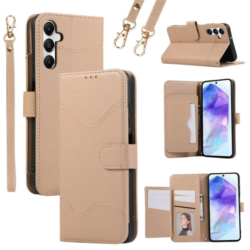 For Samsung Galaxy A15 5G / 4G Leather Phone Case with Card Holder, Wallet, Straps Protective Flip Cover - Khaki - 1