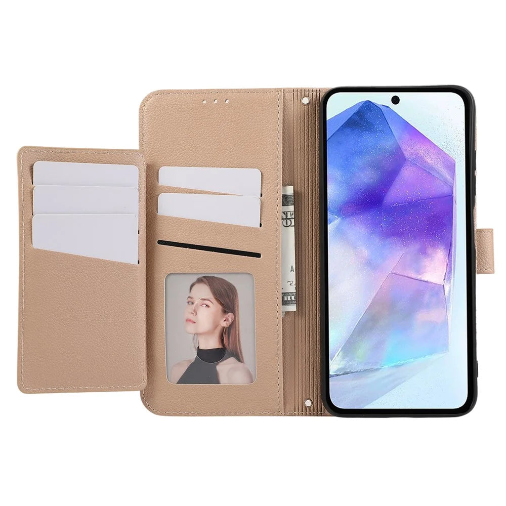 For Samsung Galaxy A15 5G / 4G Leather Phone Case with Card Holder, Wallet, Straps Protective Flip Cover - Khaki - 2