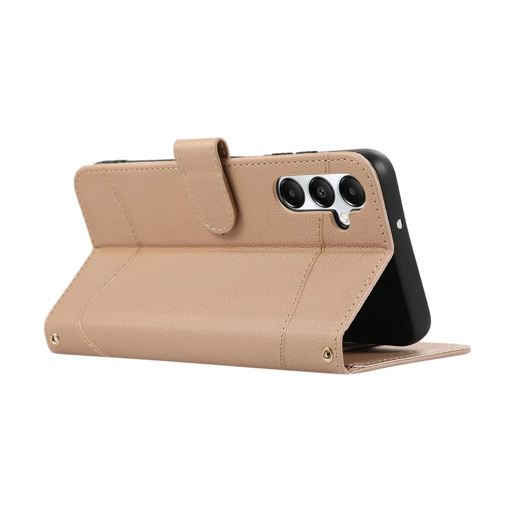 For Samsung Galaxy A15 5G / 4G Leather Phone Case with Card Holder, Wallet, Straps Protective Flip Cover - Khaki - 3