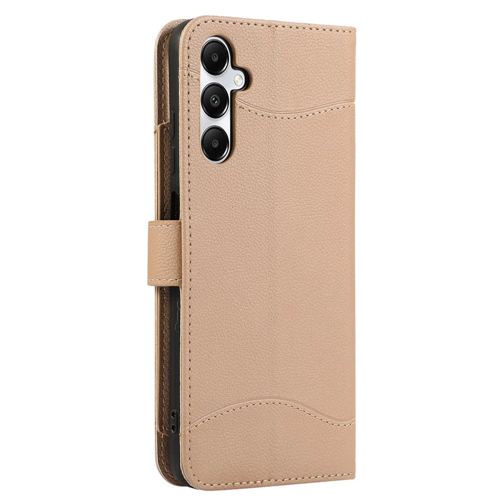 For Samsung Galaxy A15 5G / 4G Leather Phone Case with Card Holder, Wallet, Straps Protective Flip Cover - Khaki - 6