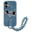 For iPhone 16 Case Jean Cloth PU+PC Phone Back Cover with Braided Handy Strap, Dog Pattern - Baby Blue - 1