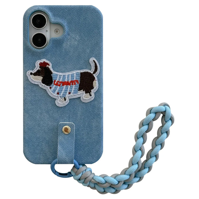 For iPhone 16 Case Jean Cloth PU+PC Phone Back Cover with Braided Handy Strap, Dog Pattern - Baby Blue - 1
