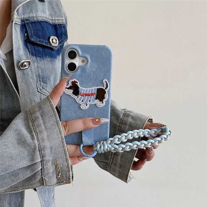 For iPhone 16 Case Jean Cloth PU+PC Phone Back Cover with Braided Handy Strap, Dog Pattern - Baby Blue - 3
