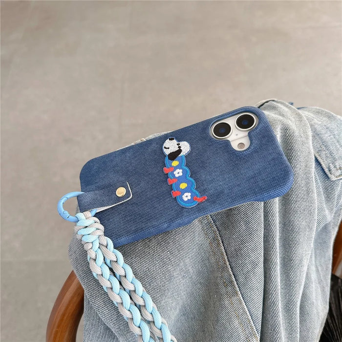 For iPhone 16 Case Jean Cloth PU+PC Phone Back Cover with Braided Handy Strap, Dog Pattern - Baby Blue - 4