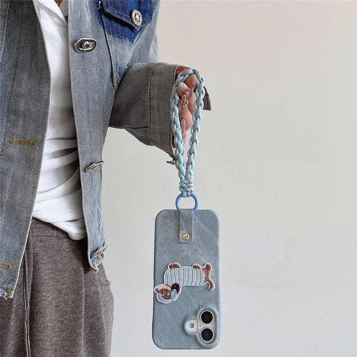 For iPhone 16 Case Jean Cloth PU+PC Phone Back Cover with Braided Handy Strap, Dog Pattern - Baby Blue - 5