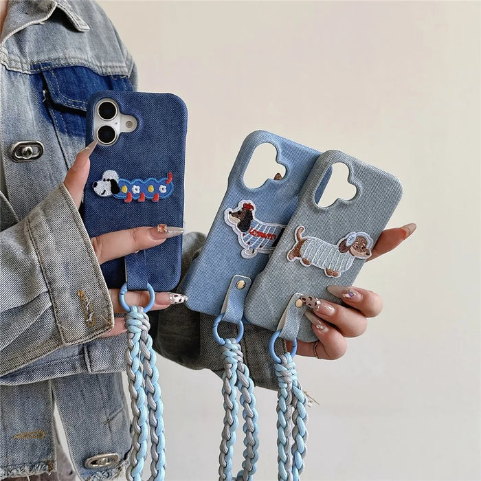 For iPhone 16 Case Jean Cloth PU+PC Phone Back Cover with Braided Handy Strap, Dog Pattern - Baby Blue - 6