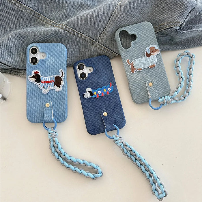For iPhone 16 Case Jean Cloth PU+PC Phone Back Cover with Braided Handy Strap, Dog Pattern - Baby Blue - 7