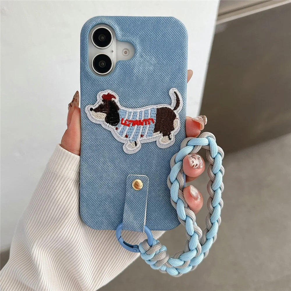 For iPhone 16 Plus Case Jean Cloth PU+PC Phone Back Cover with Braided Handy Strap, Dog Pattern - Baby Blue - 2