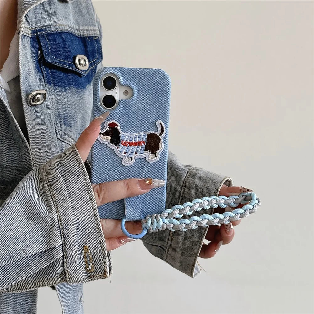 For iPhone 16 Plus Case Jean Cloth PU+PC Phone Back Cover with Braided Handy Strap, Dog Pattern - Baby Blue - 3