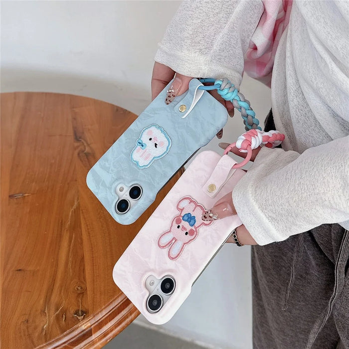 For iPhone 16 Case Cute Pattern Soft PU+PC Phone Back Cover with Braided Handy Strap - Sky Blue Rabbit - 4
