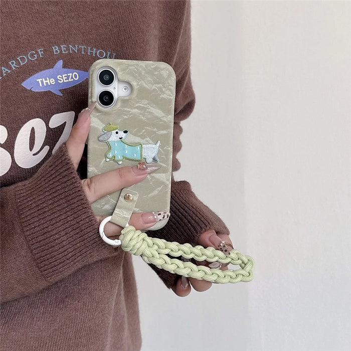 For iPhone 16 Plus Case Cute Pattern Soft PU+PC Phone Back Cover with Braided Handy Strap - Lihgt Green Dog - 3