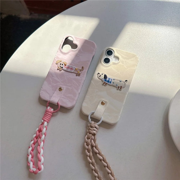 For iPhone 16 Plus Case Cute Pattern Soft PU+PC Phone Back Cover with Braided Handy Strap - Lihgt Green Dog - 4