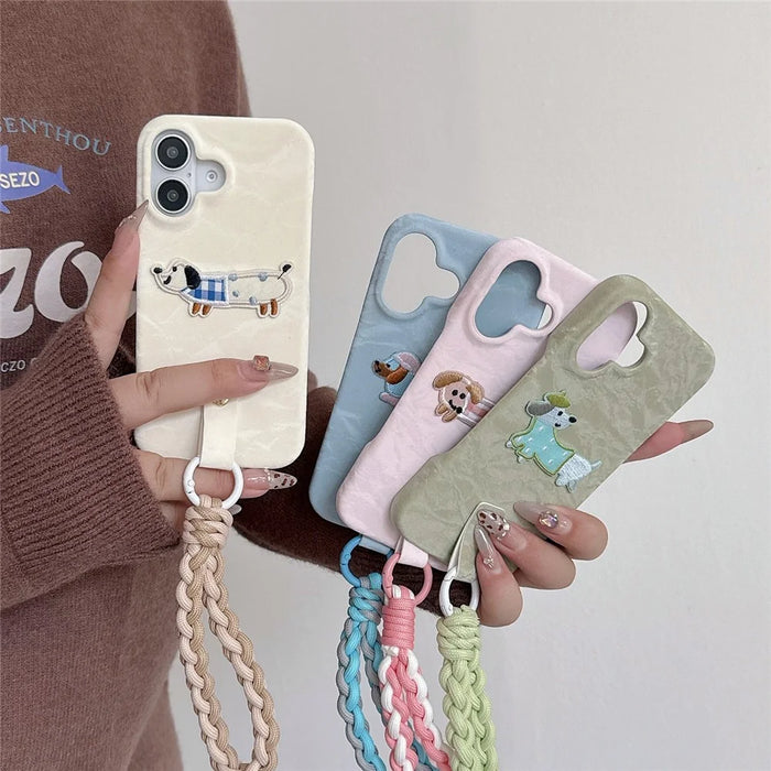For iPhone 16 Plus Case Cute Pattern Soft PU+PC Phone Back Cover with Braided Handy Strap - Lihgt Green Dog - 5