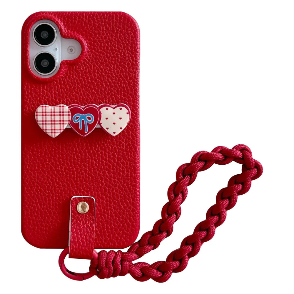 For iPhone 16 Plus Case Christmas Design PU+PC Phone Back Cover with Heart Kickstand, Strap - 1