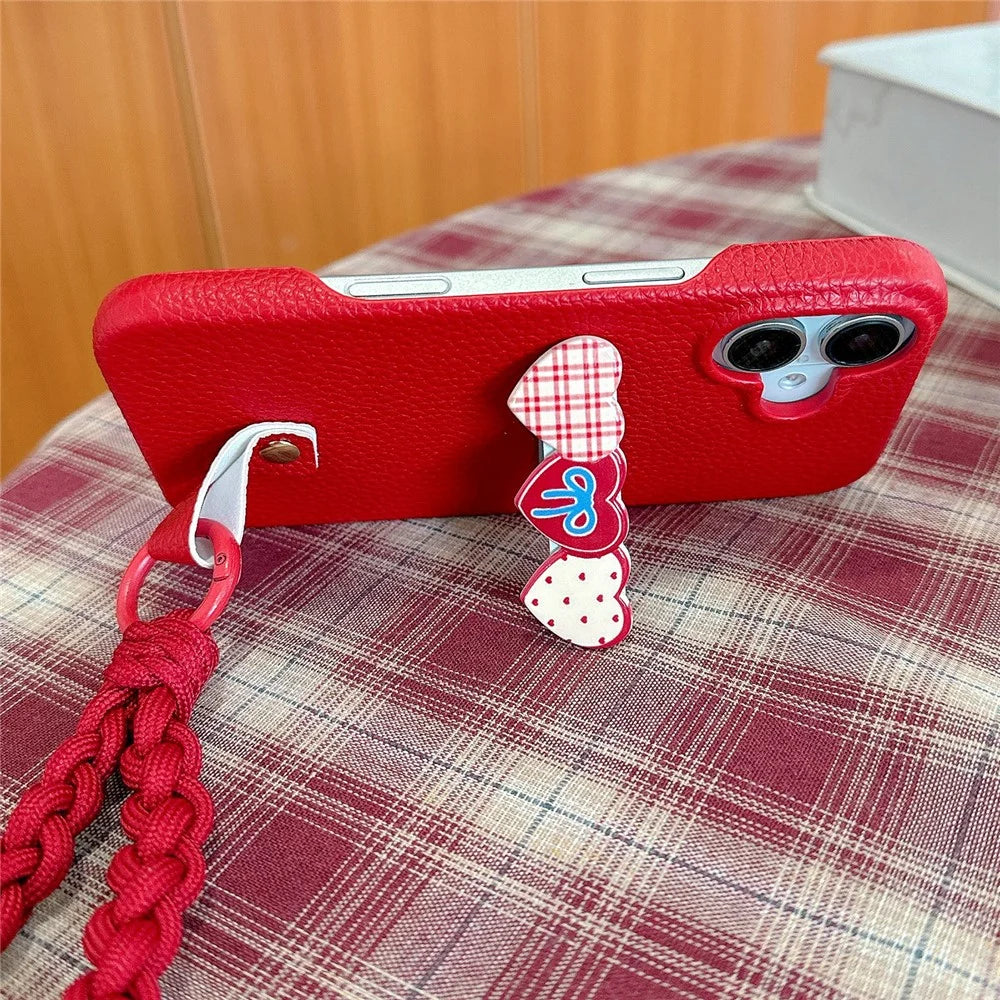 For iPhone 16 Plus Case Christmas Design PU+PC Phone Back Cover with Heart Kickstand, Strap - 3