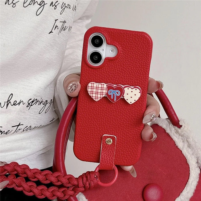 For iPhone 16 Case Christmas Design PU+PC Phone Back Cover with Heart Kickstand, Strap - 4