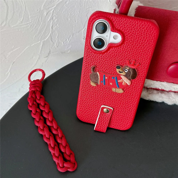 For iPhone 16 Case Christmas Design Cute Dog Pattern PU+PC Phone Back Cover with Braided Handy Strap - 3