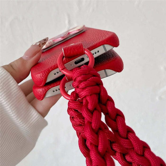 For iPhone 16 Case Christmas Design Cute Dog Pattern PU+PC Phone Back Cover with Braided Handy Strap - 5