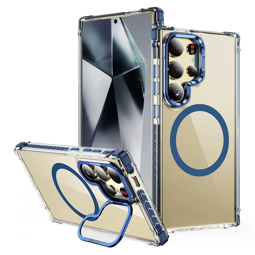 For Samsung Galaxy S25 Ultra Phone Case with Lens Kickstand Clear Cover Magnetic Case - Blue - 1