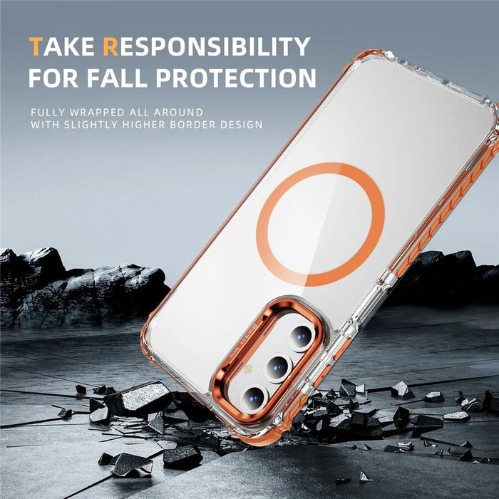 For Samsung Galaxy S25 Clear Phone Case with Lens Kickstand Cover Magnetic Case - Orange - 4