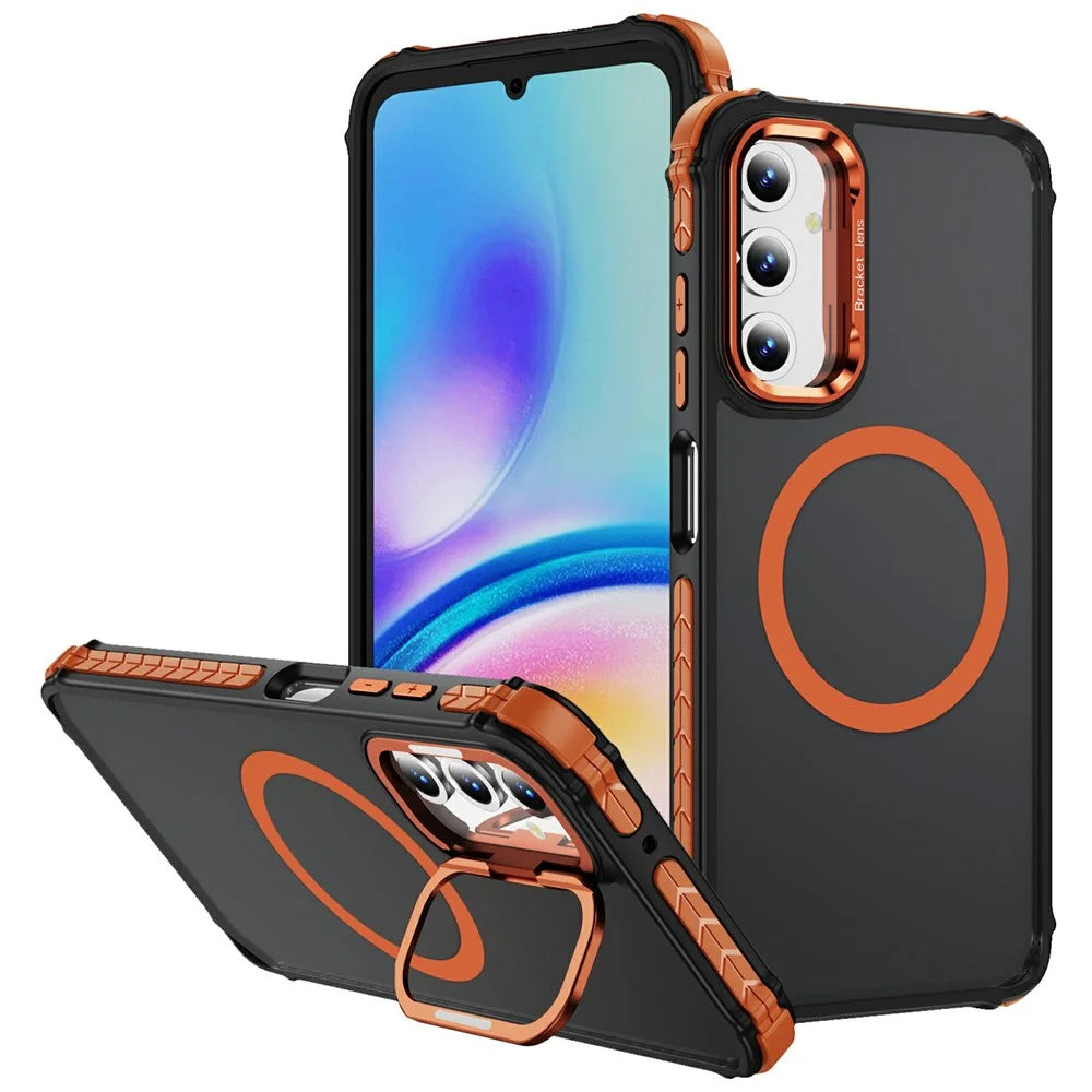 For Samsung Galaxy S25 Case with Lens Kickstand Matte Back Cover Magnetic Case - Orange - 1