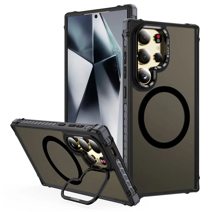 For Samsung Galaxy S25 Ultra Case with Lens Kickstand Matte Back Cover Magnetic Case - Black - 1