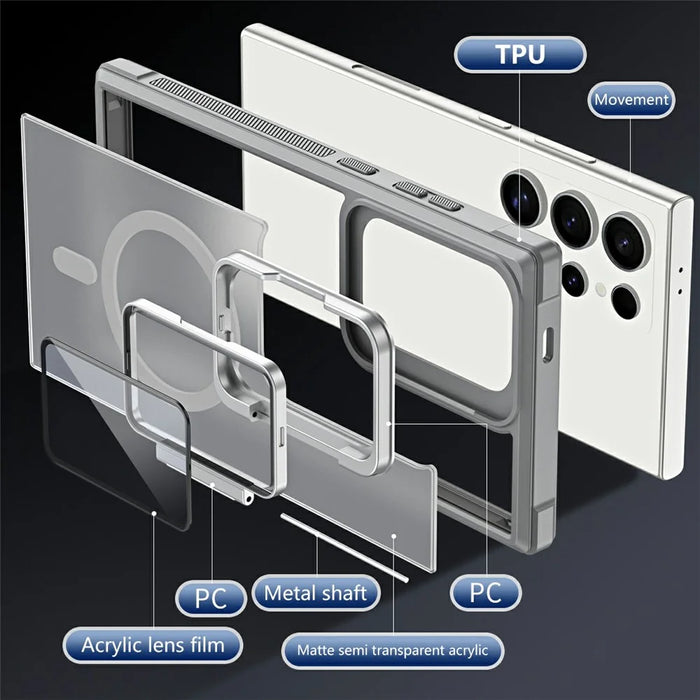 For Samsung Galaxy S25 Ultra Magnetic Case Lens Cover Kickstand Matte Back Cover - Grey - 6