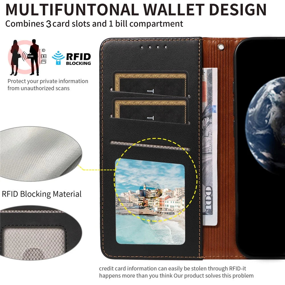 For Samsung Galaxy S24 FE Case RFID Blocking Leather Wallet Flip Phone Cover with Wrist Strap - Black - 5