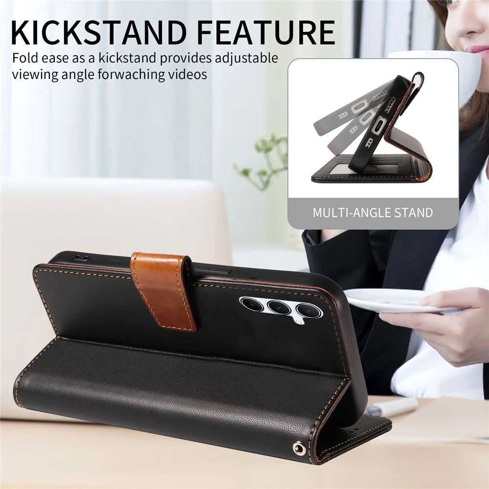 For Samsung Galaxy S24 FE Case RFID Blocking Leather Wallet Flip Phone Cover with Wrist Strap - Black - 6