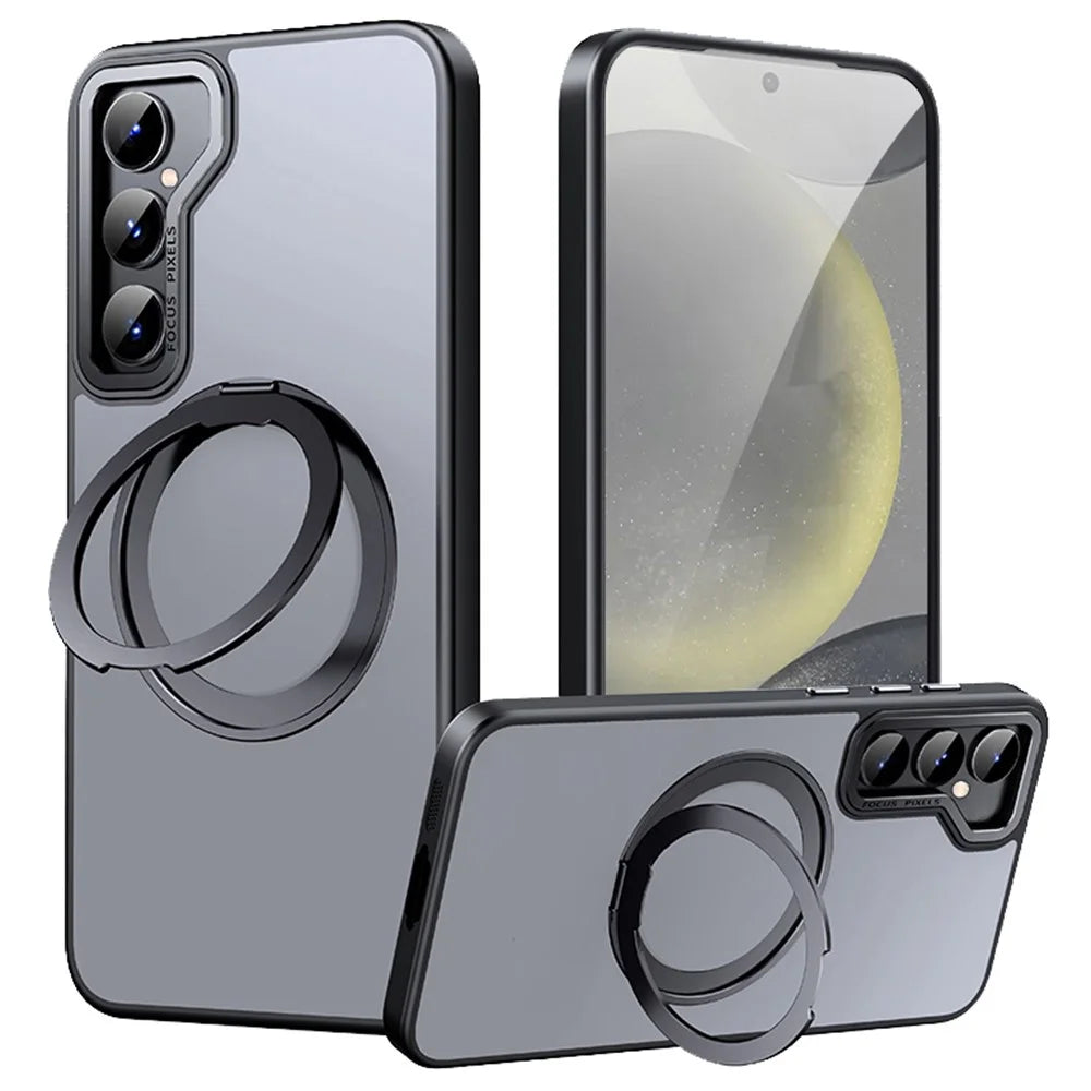 For Samsung Galaxy S25+ Magnetic Phone Case Rotary Kickstand Clear Back Cover - Matte Black - 1