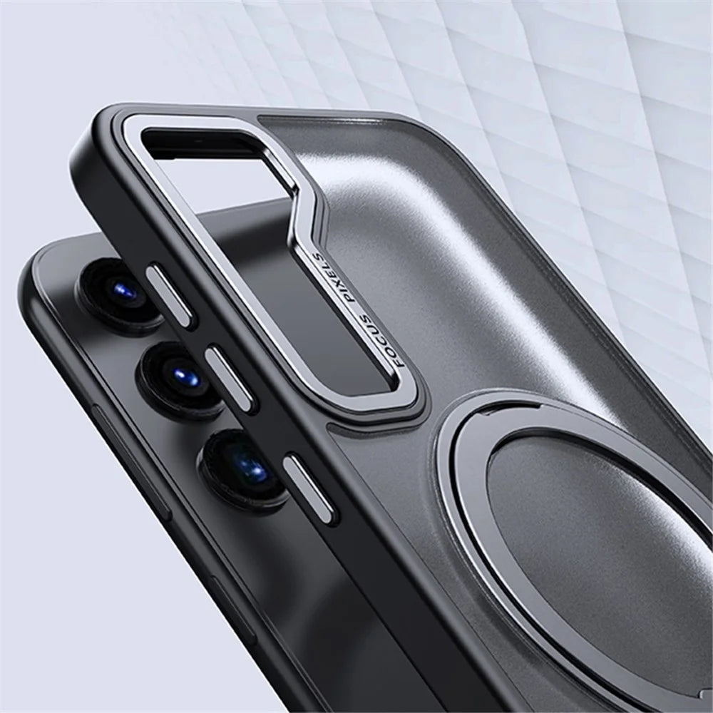 For Samsung Galaxy S25 Magnetic Phone Case Rotary Kickstand Clear Back Cover - Matte Black - 5