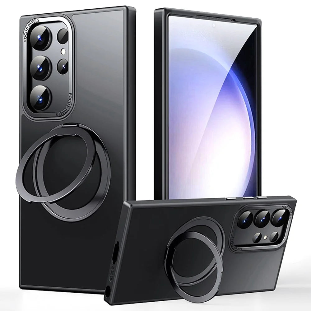 For Samsung Galaxy S25 Ultra Magnetic Phone Case Rotary Kickstand Clear Back Cover - Matte Black - 1