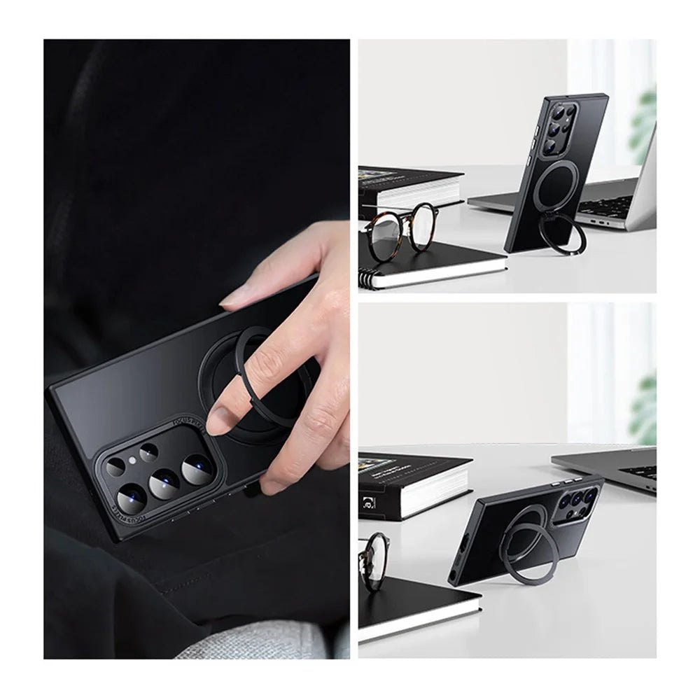 For Samsung Galaxy S25 Ultra Magnetic Phone Case Rotary Kickstand Clear Back Cover - Matte Black - 4