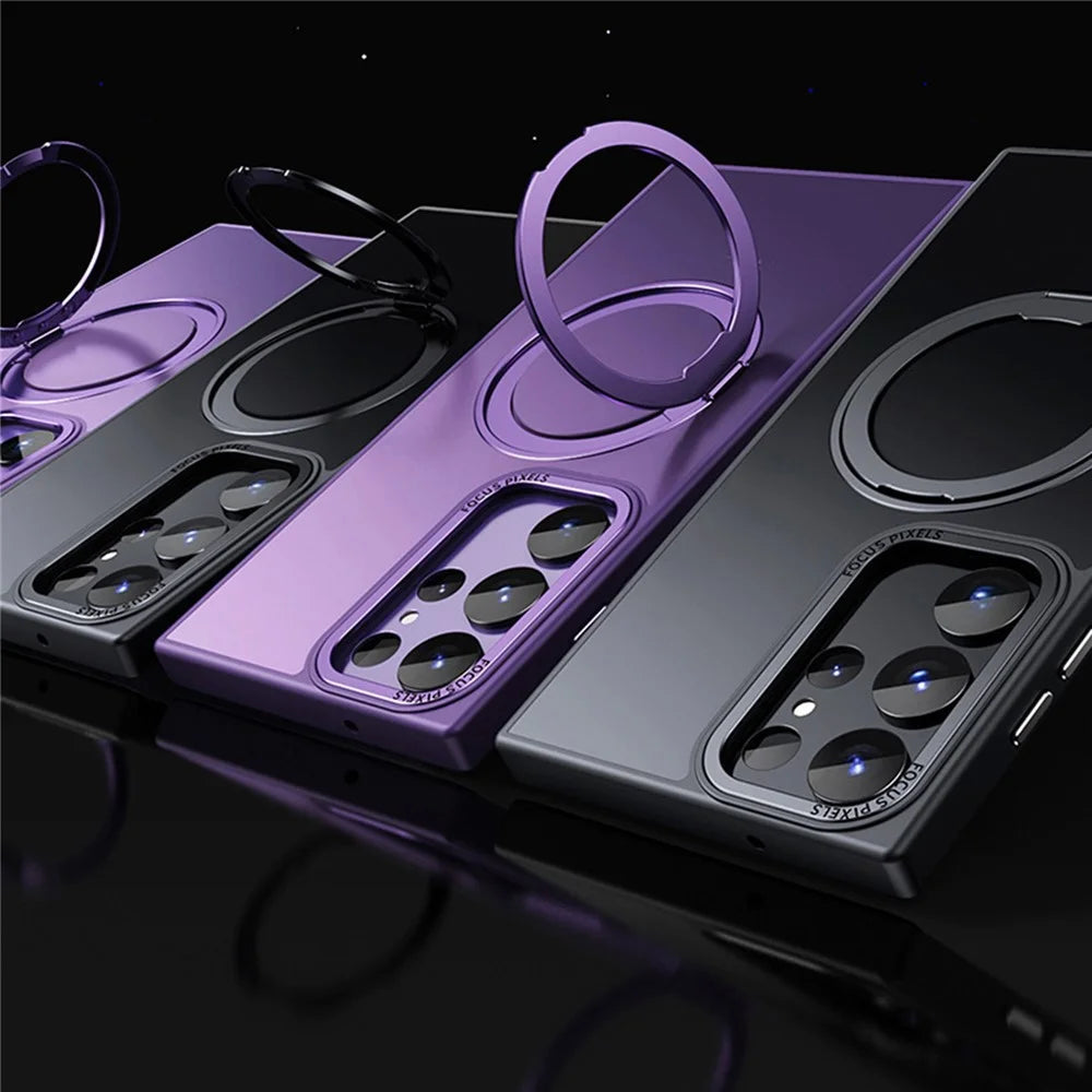 For Samsung Galaxy S25 Ultra Magnetic Phone Case Rotary Kickstand Clear Back Cover - Matte Black - 6