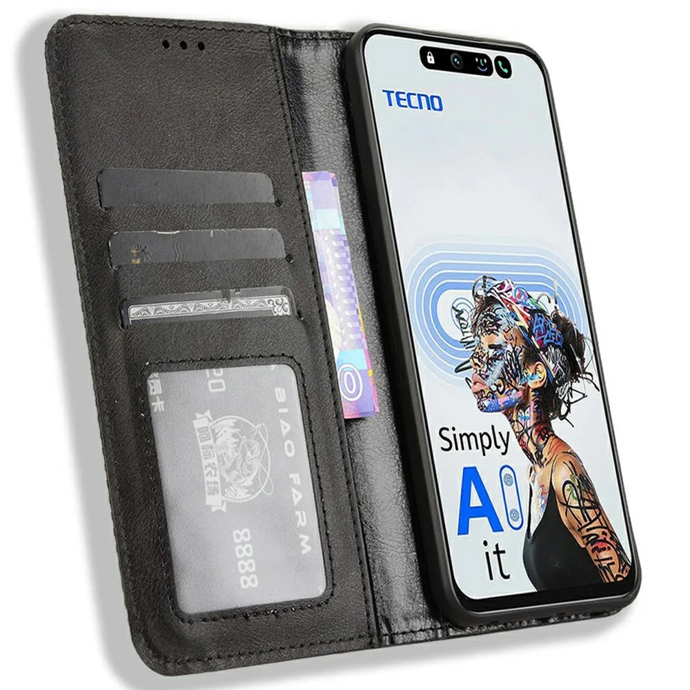 For TECNO Spark 30 5G KL8 / Pova 6 Neo 5G Leather Case Wallet Stand Retro Texture Phone Cover - Black - 2