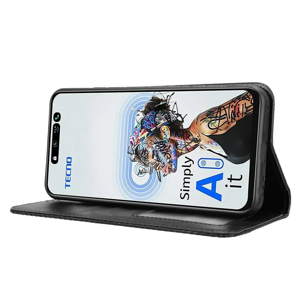 For TECNO Spark 30 5G KL8 / Pova 6 Neo 5G Leather Case Wallet Stand Retro Texture Phone Cover - Black - 3