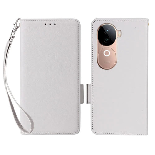 For vivo V40e 5G / iQOO Z9s 5G Case with Wrist Strap Litchi Texture PU Leather Wallet Phone Cover - White - 1