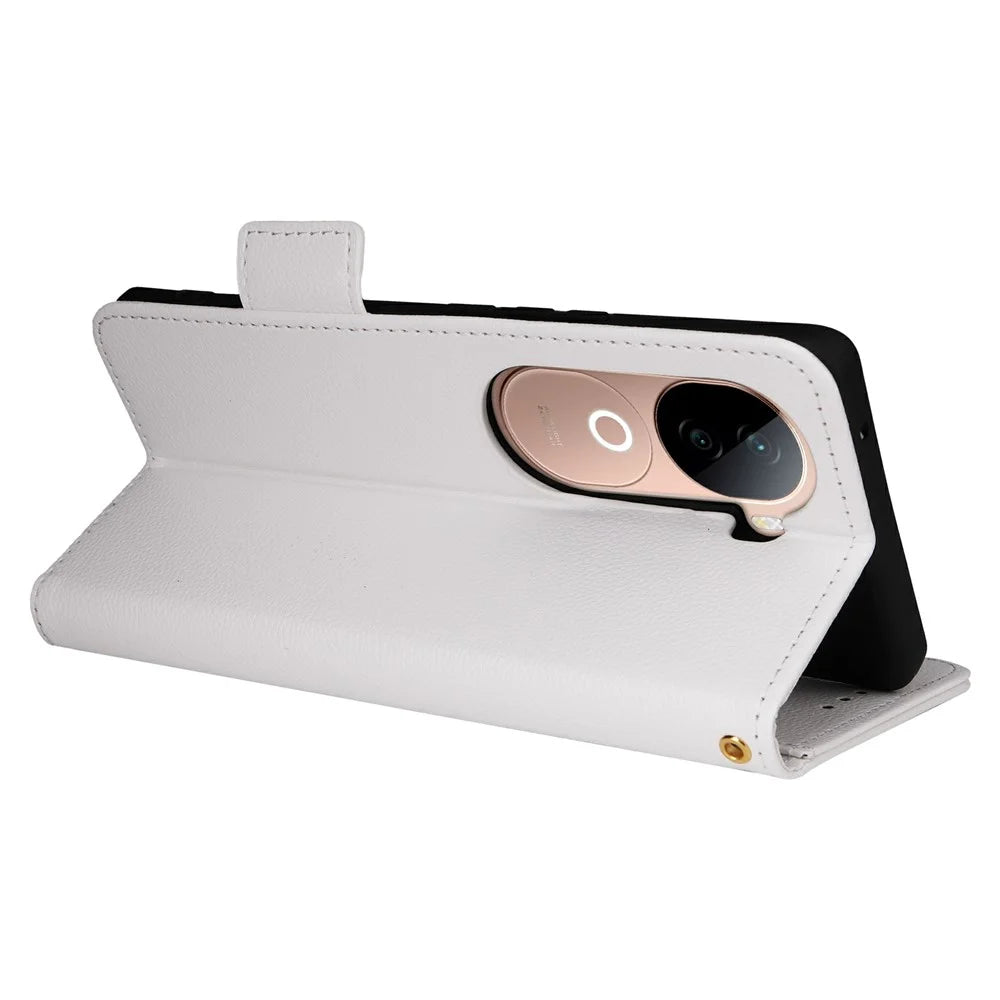 For vivo V40e 5G / iQOO Z9s 5G Case with Wrist Strap Litchi Texture PU Leather Wallet Phone Cover - White - 3