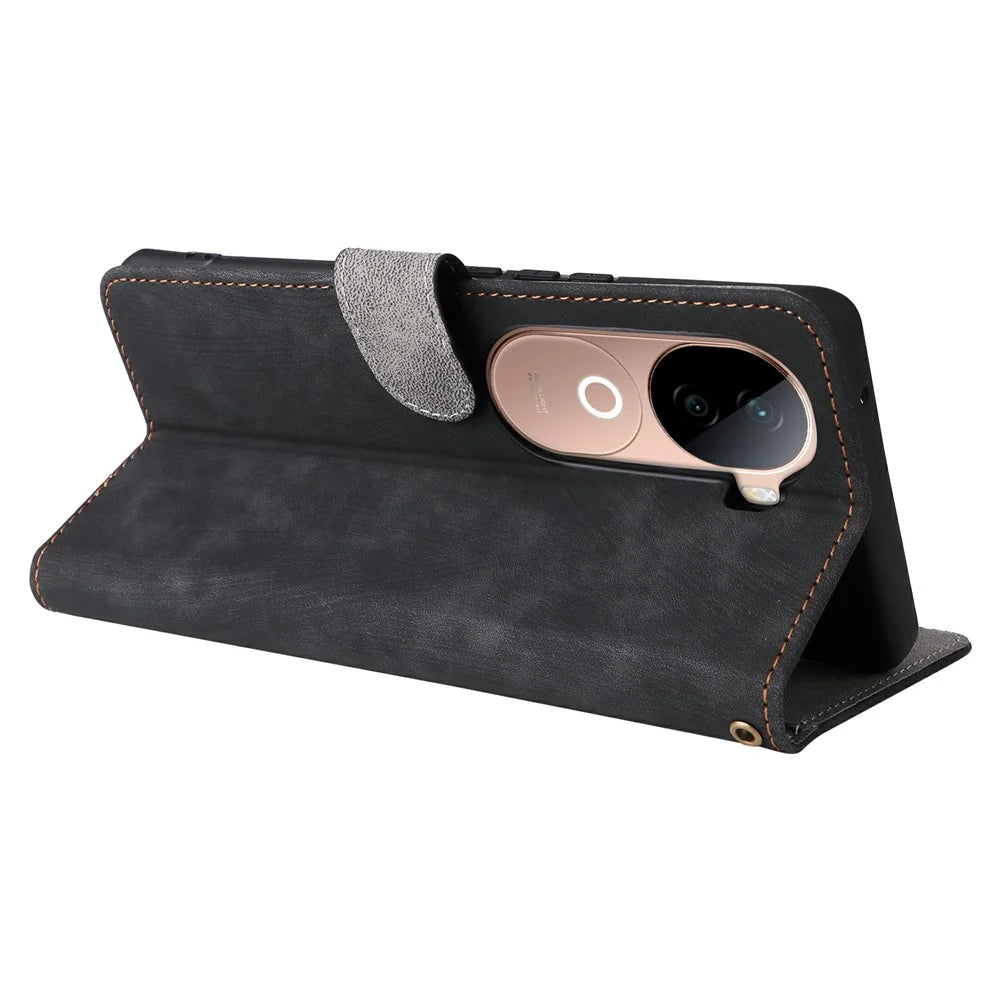 For vivo V40e 5G / iQOO Z9s 5G Wallet Phone Case RFID Blocking PU Leather Flip Cover Stand View - Black - 4