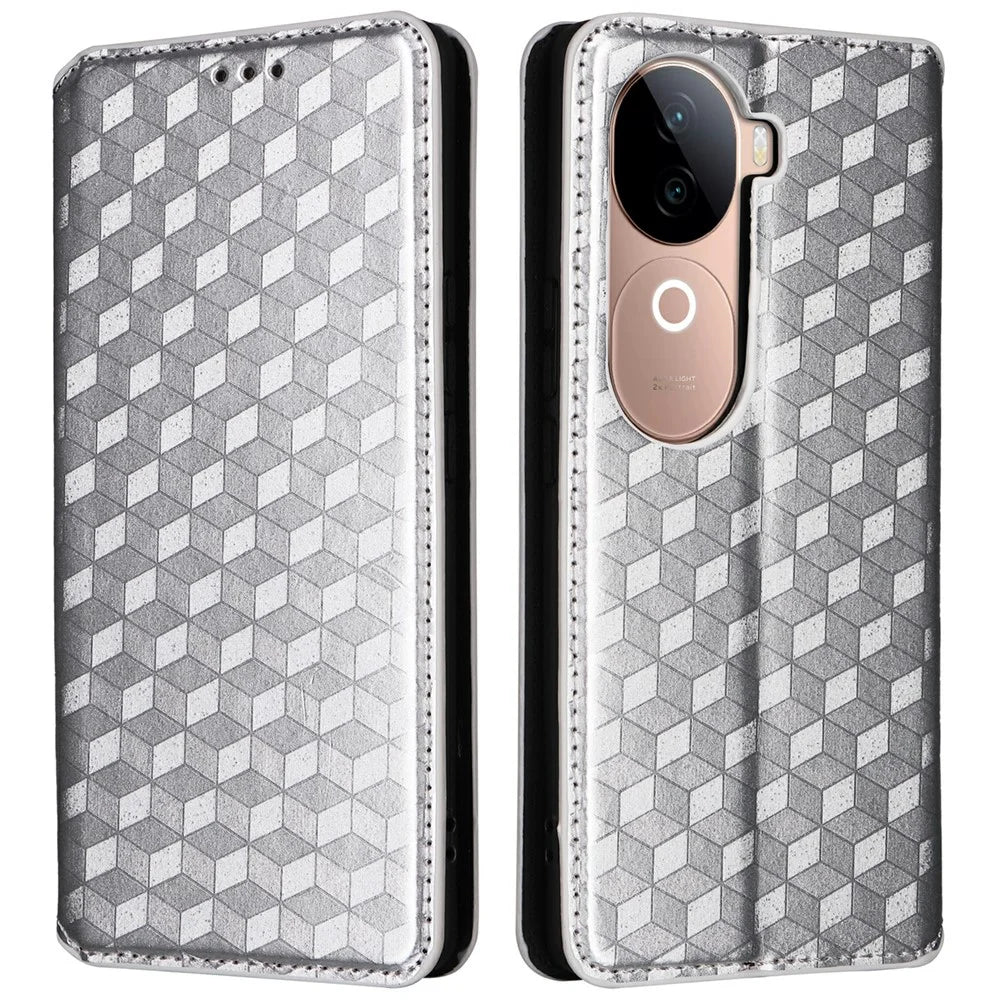 For vivo V40e 5G / iQOO Z9s 5G Wallet Case Rhombus Imprinted Leather Phone Cover - Silver - 1