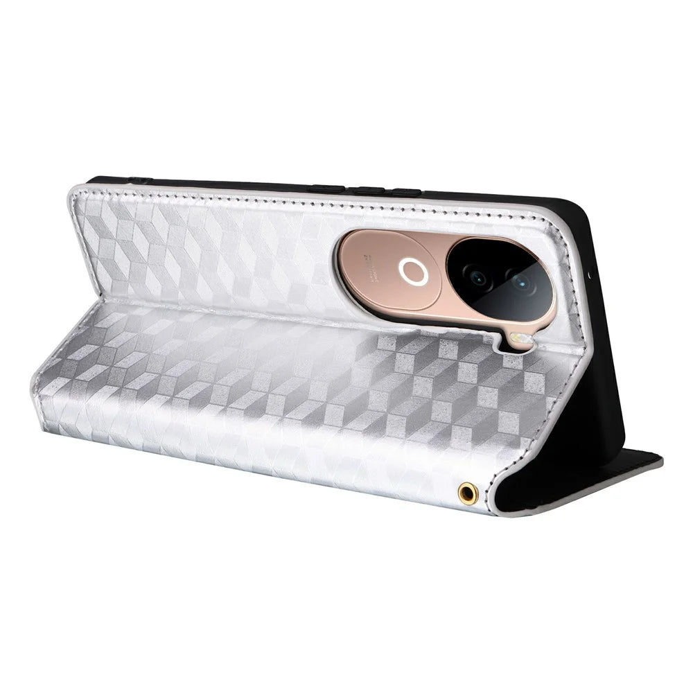 For vivo V40e 5G / iQOO Z9s 5G Wallet Case Rhombus Imprinted Leather Phone Cover - Silver - 4