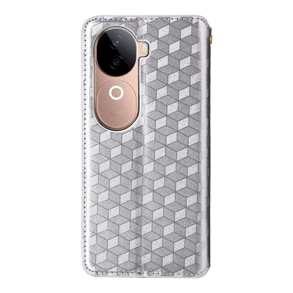 For vivo V40e 5G / iQOO Z9s 5G Wallet Case Rhombus Imprinted Leather Phone Cover - Silver - 7