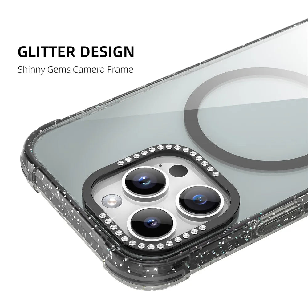 MUTURAL For iPhone 16 Pro Case Compatible with MagSafe Rhinestone PC+TPU Back Cover - Black - 5