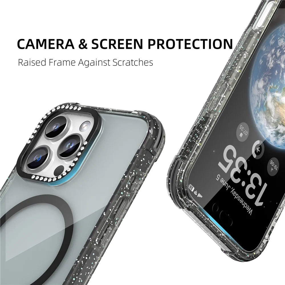 MUTURAL For iPhone 16 Pro Case Compatible with MagSafe Rhinestone PC+TPU Back Cover - Black - 6