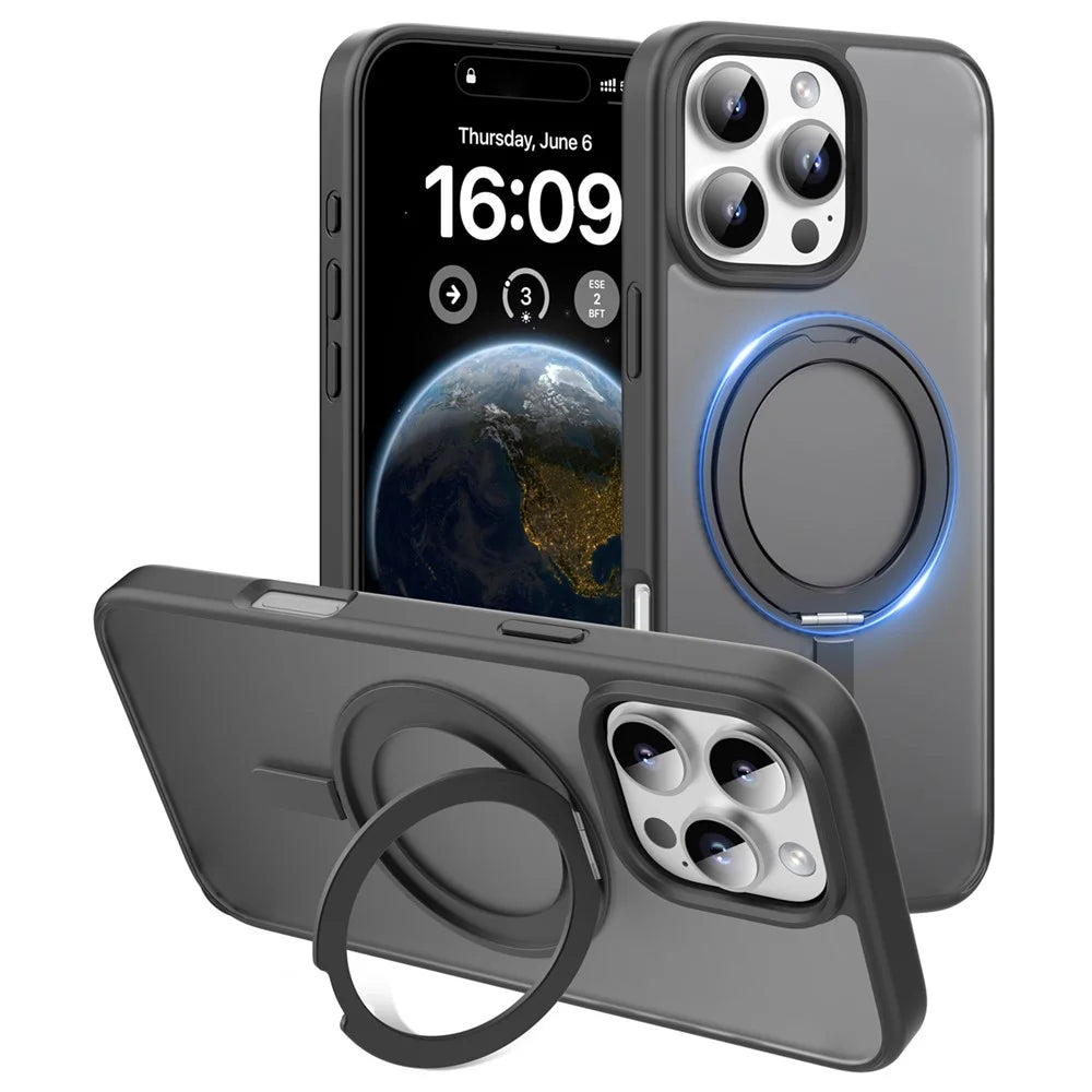 MUTURAL For iPhone 16 Pro Case Compatible with MagSafe Ring Kickstand PC+TPU Back Cover - Black - 1