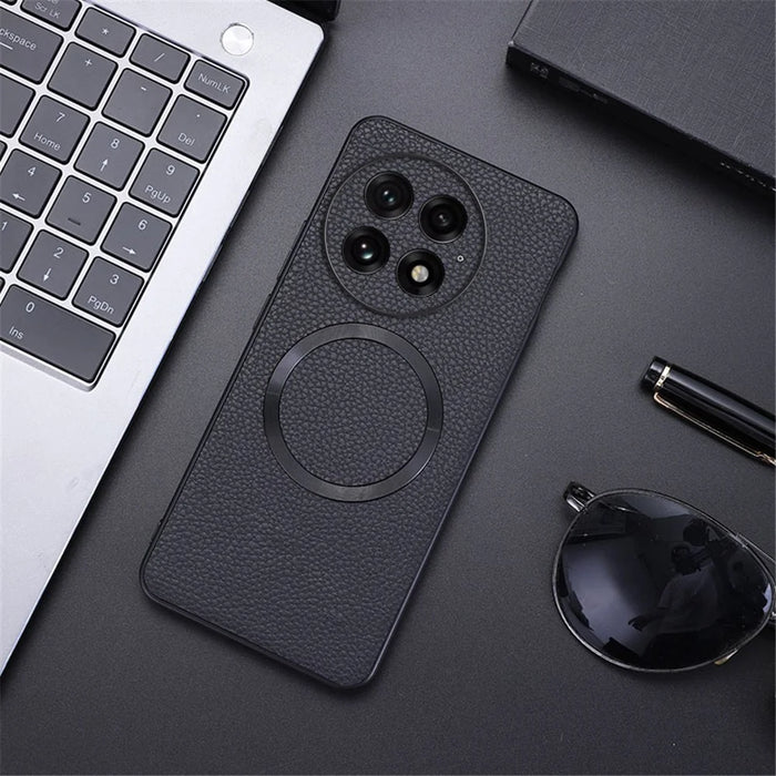 For OnePlus 13 Magnetic Case Litchi Texture PU Leather+TPU Phone Back Cover - Black - 1